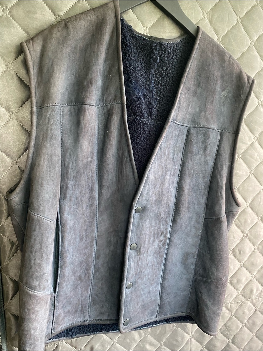 Vintage Monarch New Zealand Leather Wool Shearling Vest Navy Blue